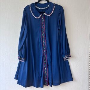 Vintage Robe and Nightgown Navy Blue with Flower Accents Size Large